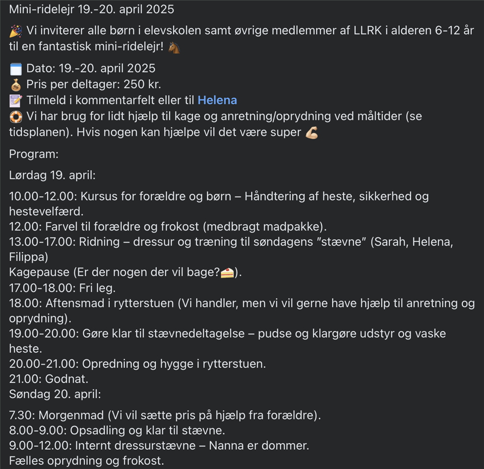 Tilmeld til Helena på 41 63 50 68